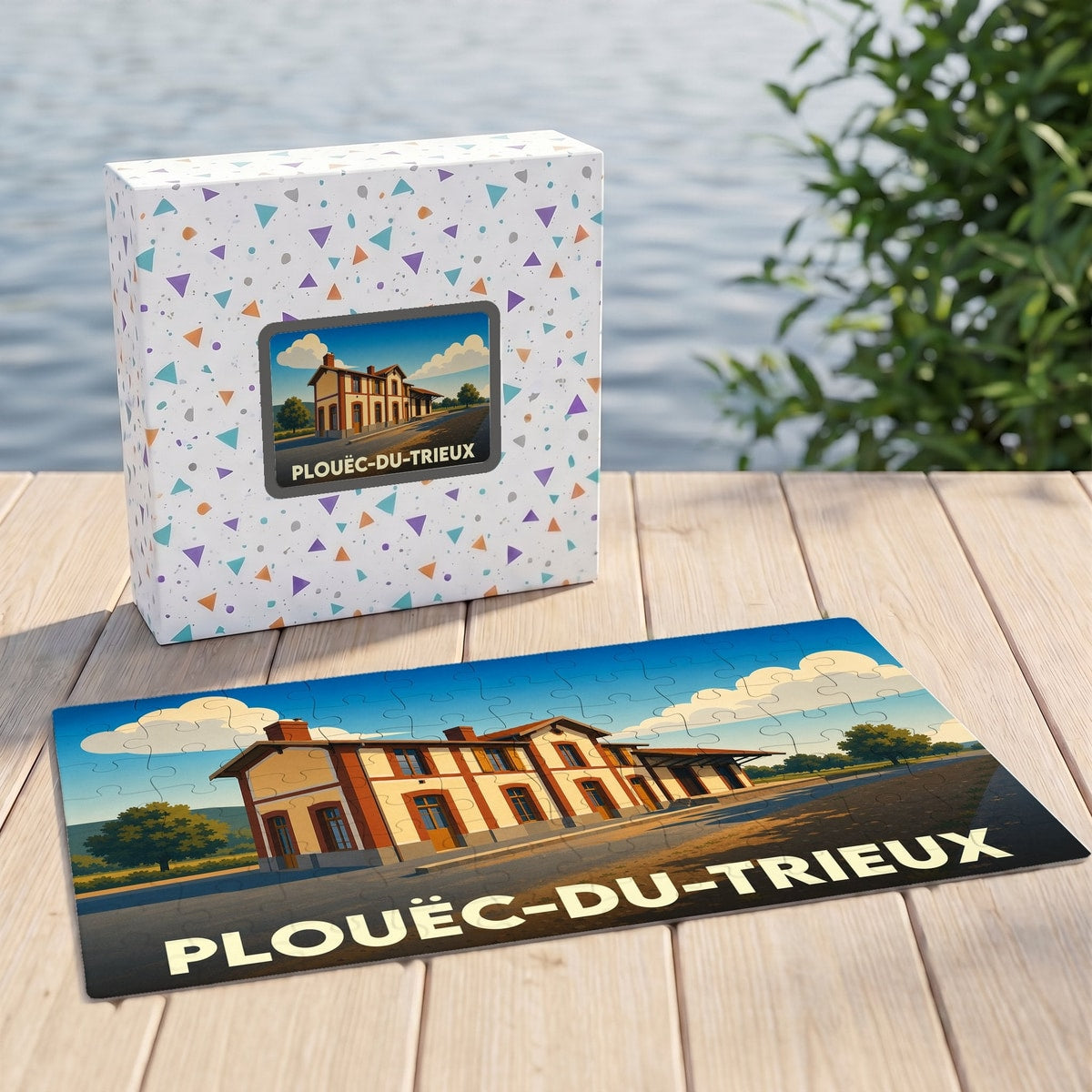 Puzzle souvenir de la ville de Plouëc-du-Trieux illustrant sa gare dans un style rétro.
