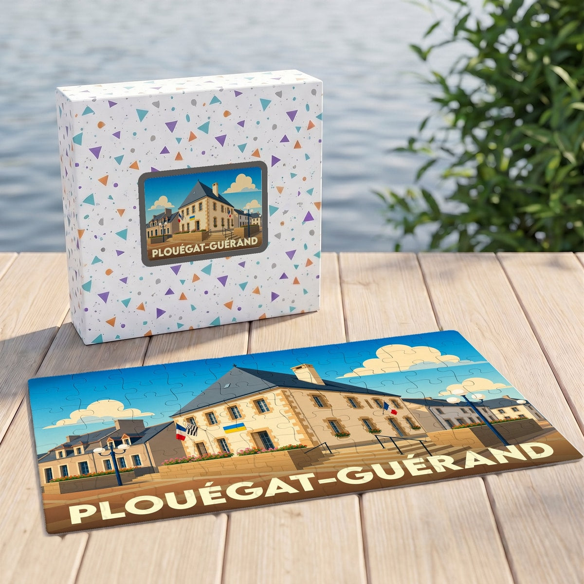 Puzzle souvenir de la ville de Plouégat-Guérand avec une illustration stylisée de sa mairie.