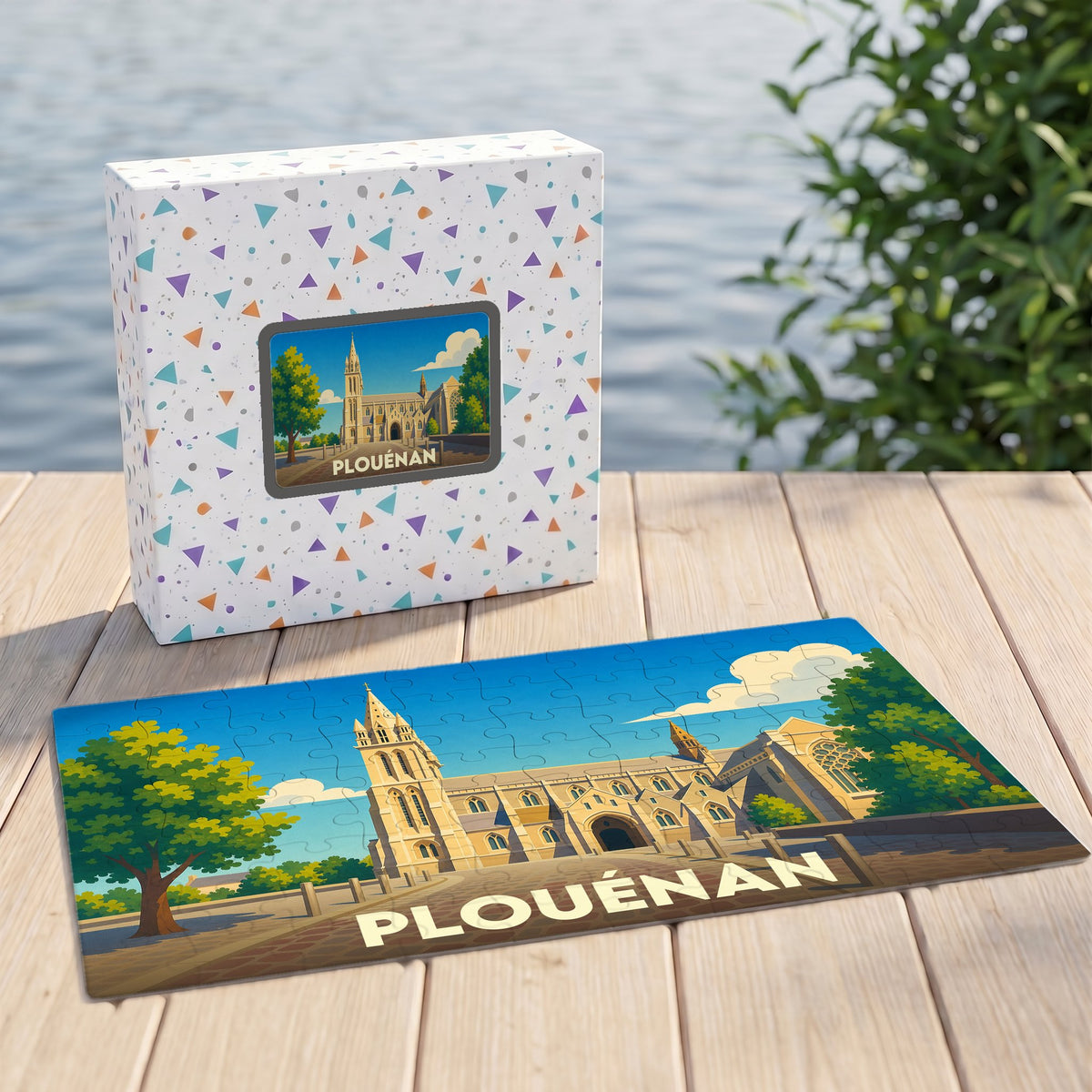Puzzle souvenir de la ville de Plouénan illustrant son église dans un style graphique épuré.