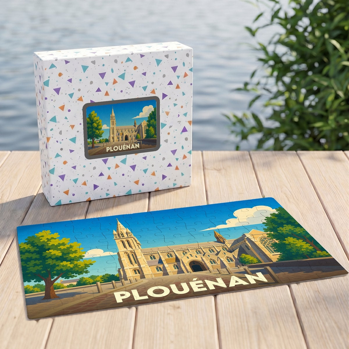 Puzzle souvenir de la ville de Plouénan avec une illustration stylisée de son église.