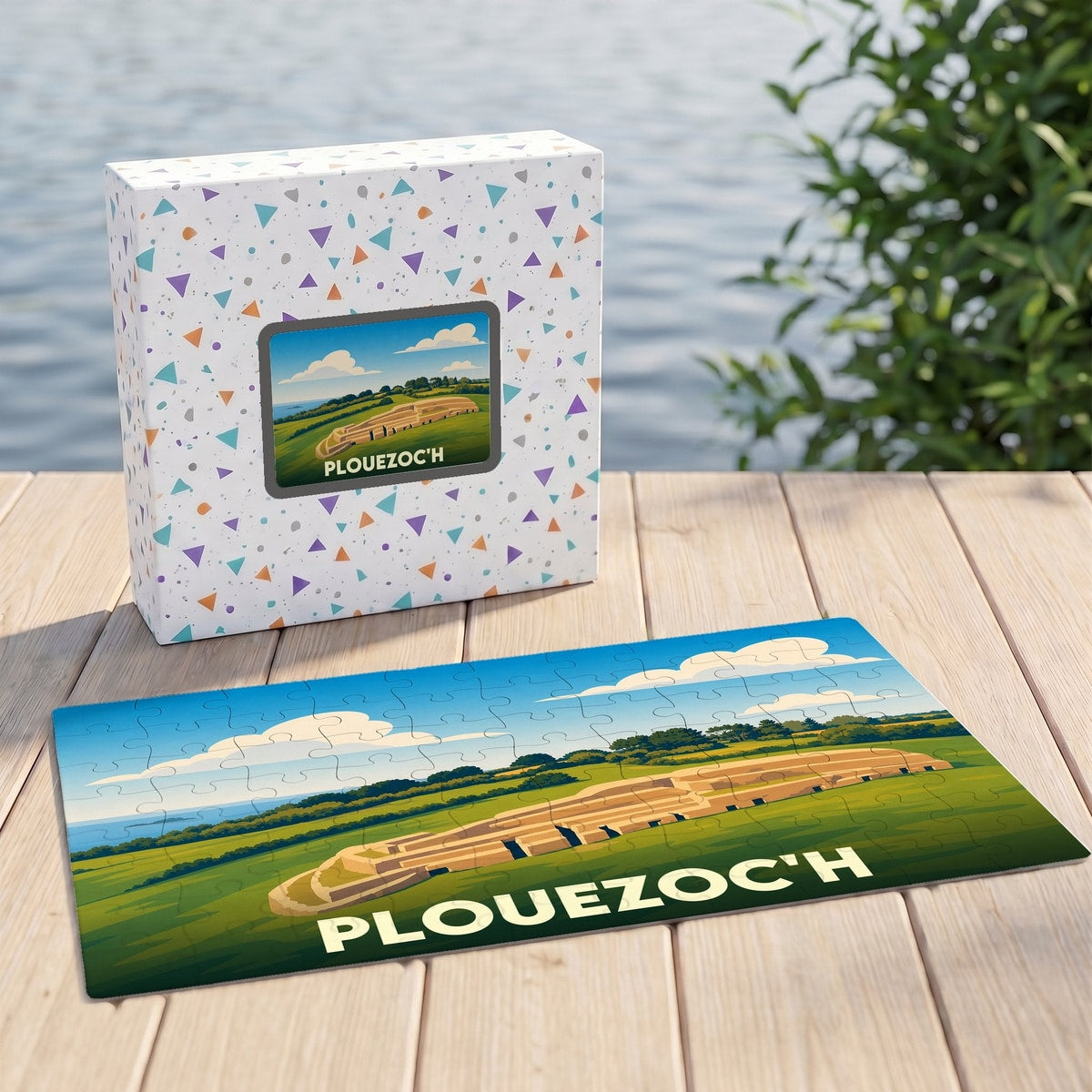 Puzzle souvenir de la ville de Plouezoc'h avec une illustration stylisée de son célèbre cairn.