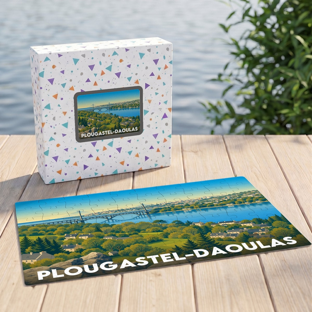 Puzzle souvenir de la ville de Plougastel-Daoulas avec une illustration stylisée d'un paysage côtier.