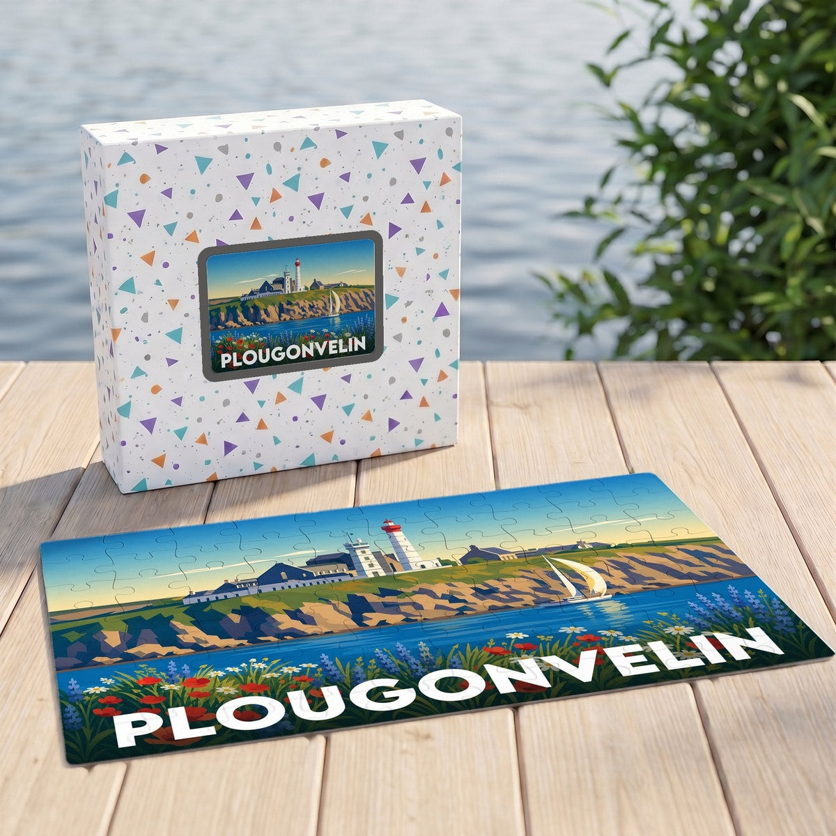 Puzzle souvenir de la ville de Plougonvelin illustrant un phare sur une côte rocheuse.
