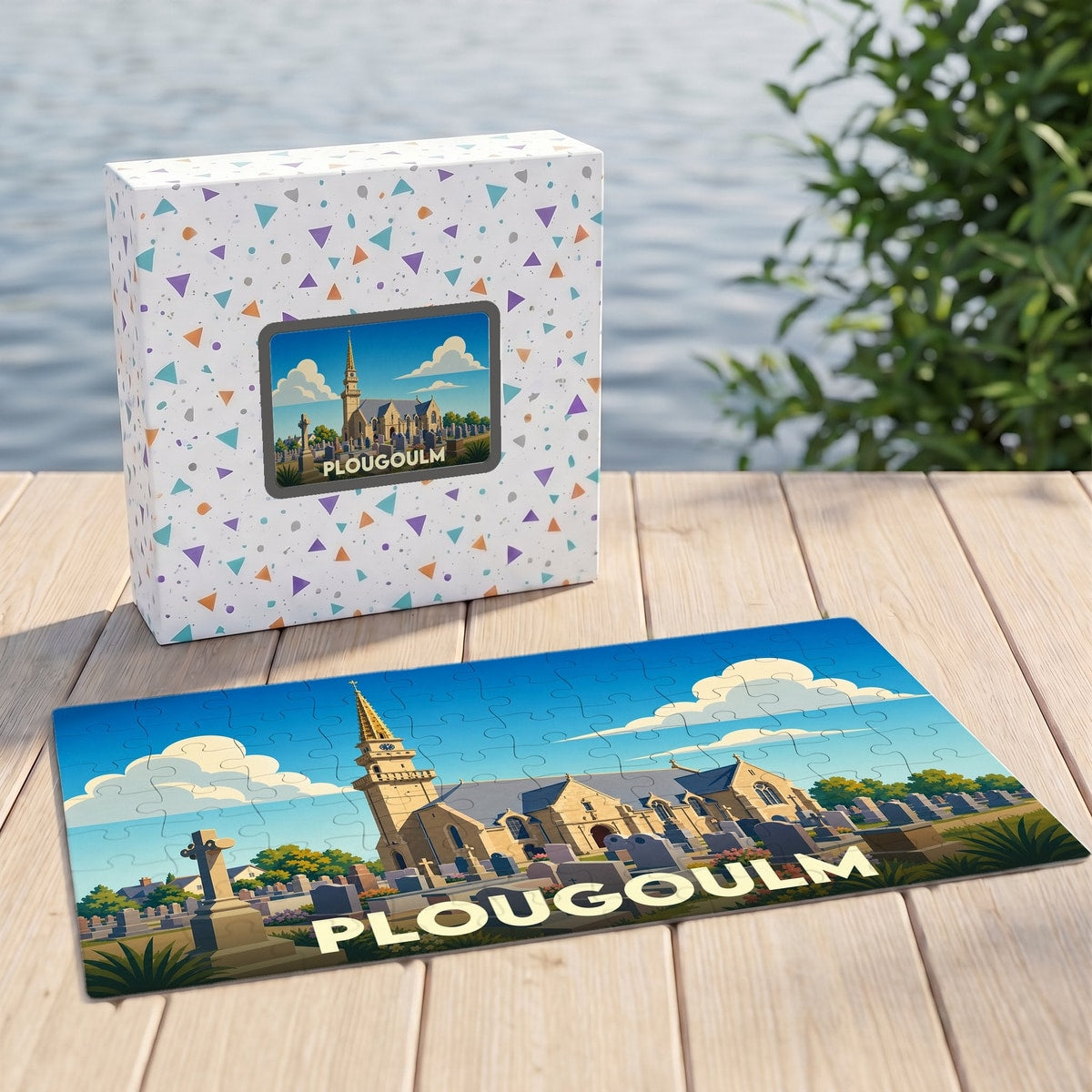 Puzzle souvenir de la ville de Plougoulm avec une illustration stylisée d'une église et de son cimetière.