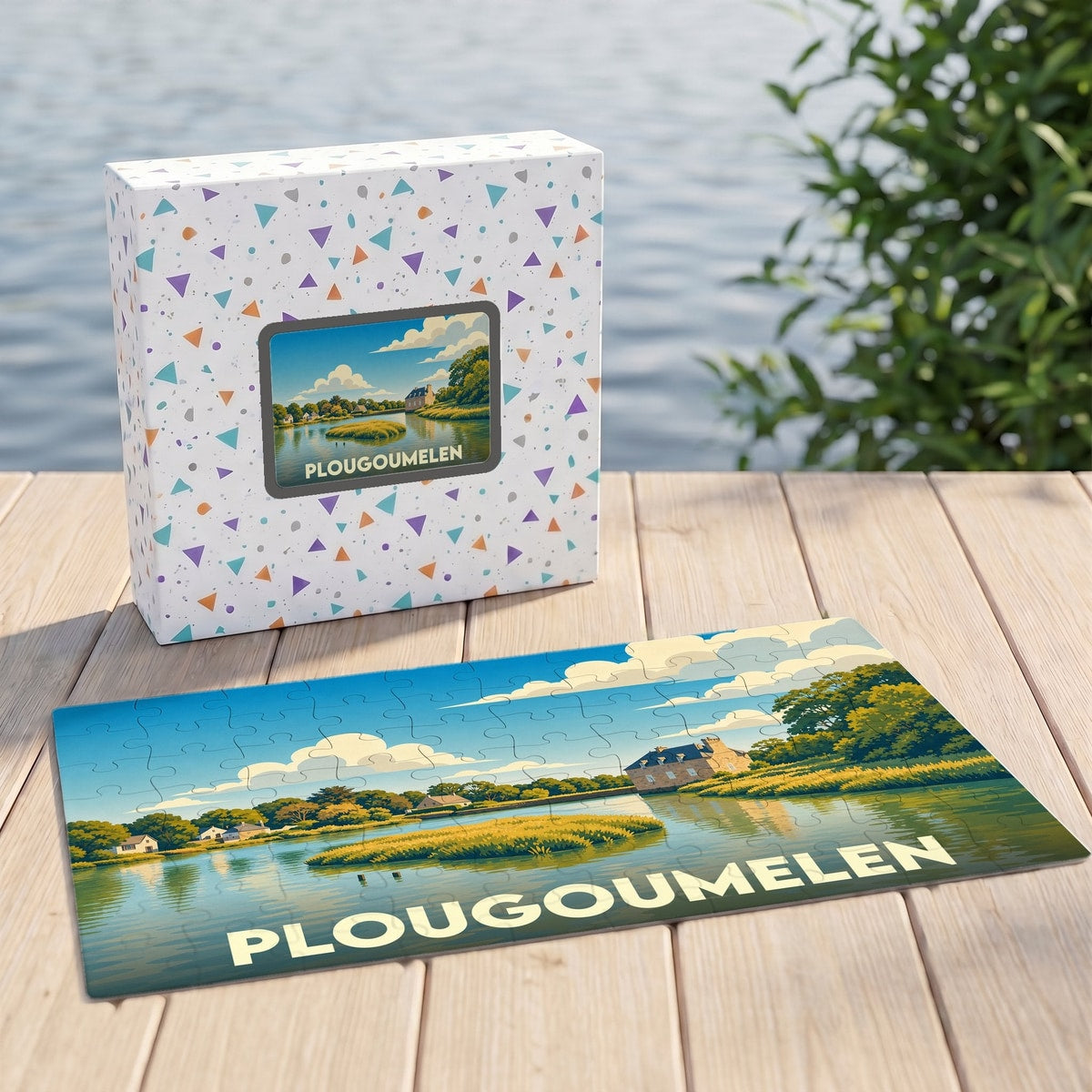 Puzzle souvenir de la ville de Plougoumelen illustrant un paysage côtier paisible.