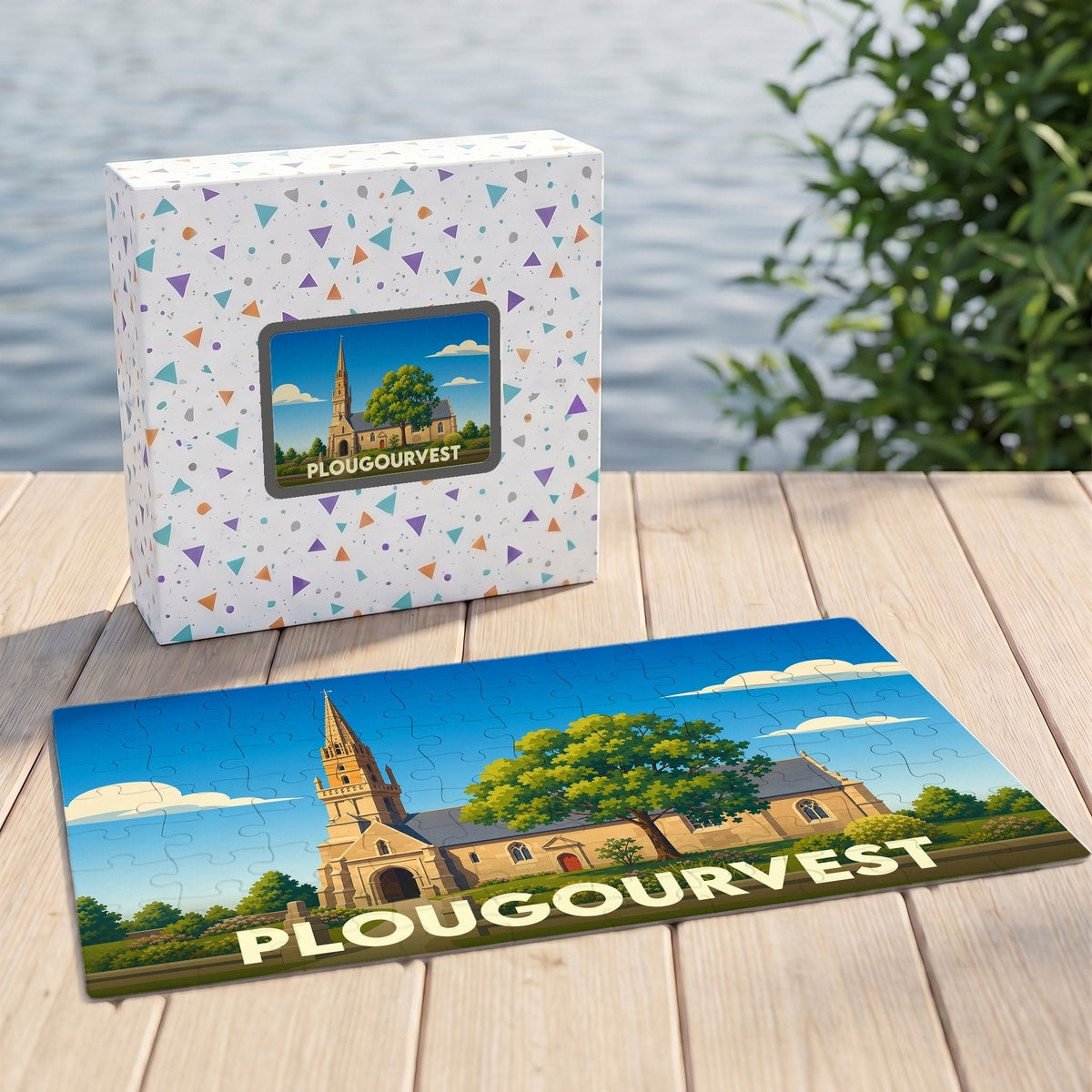 Puzzle souvenir de la ville de Plougourvest illustré d'une église et d'un grand arbre.