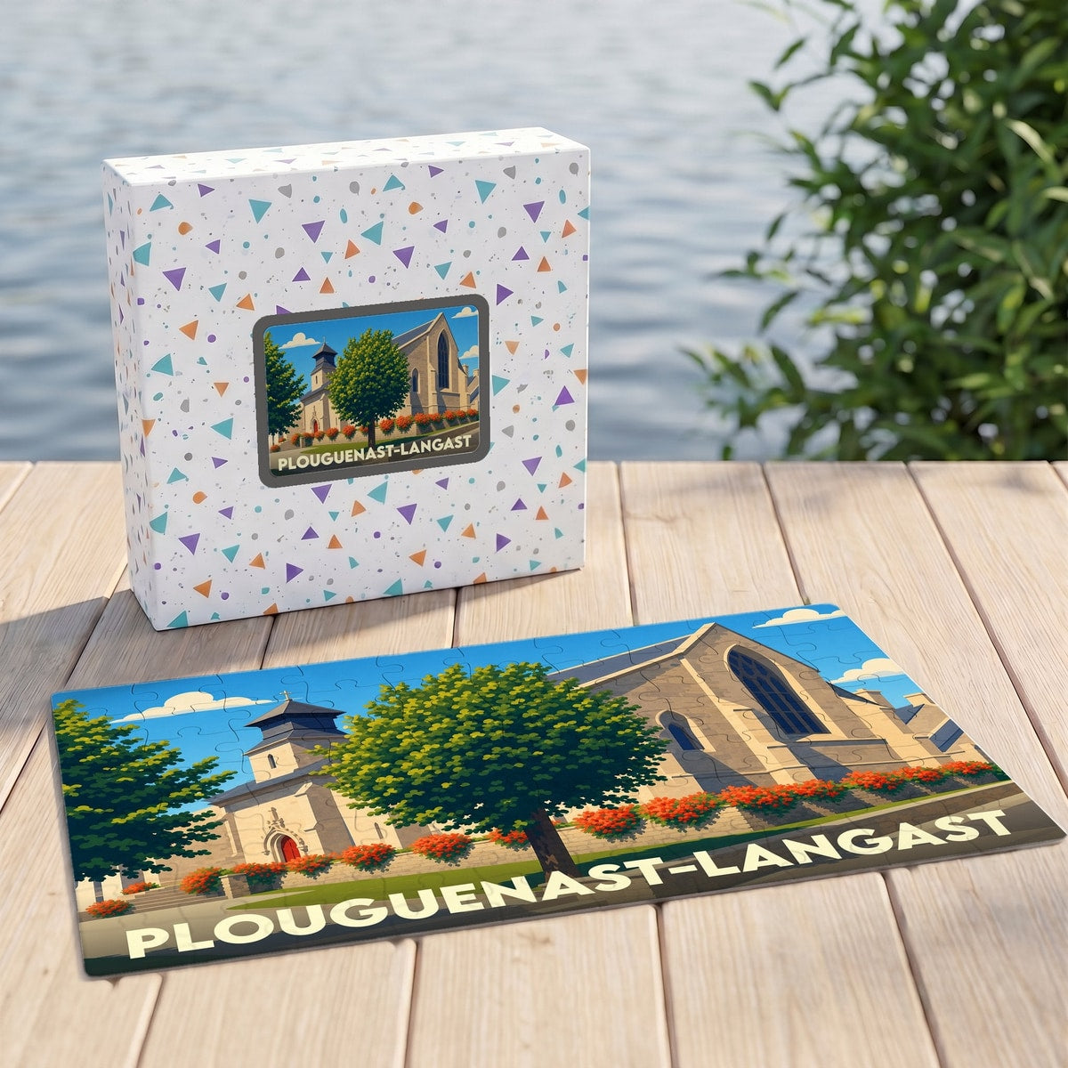 Puzzle souvenir de la ville de Plouguenast-Langast avec une illustration stylisée de son patrimoine.