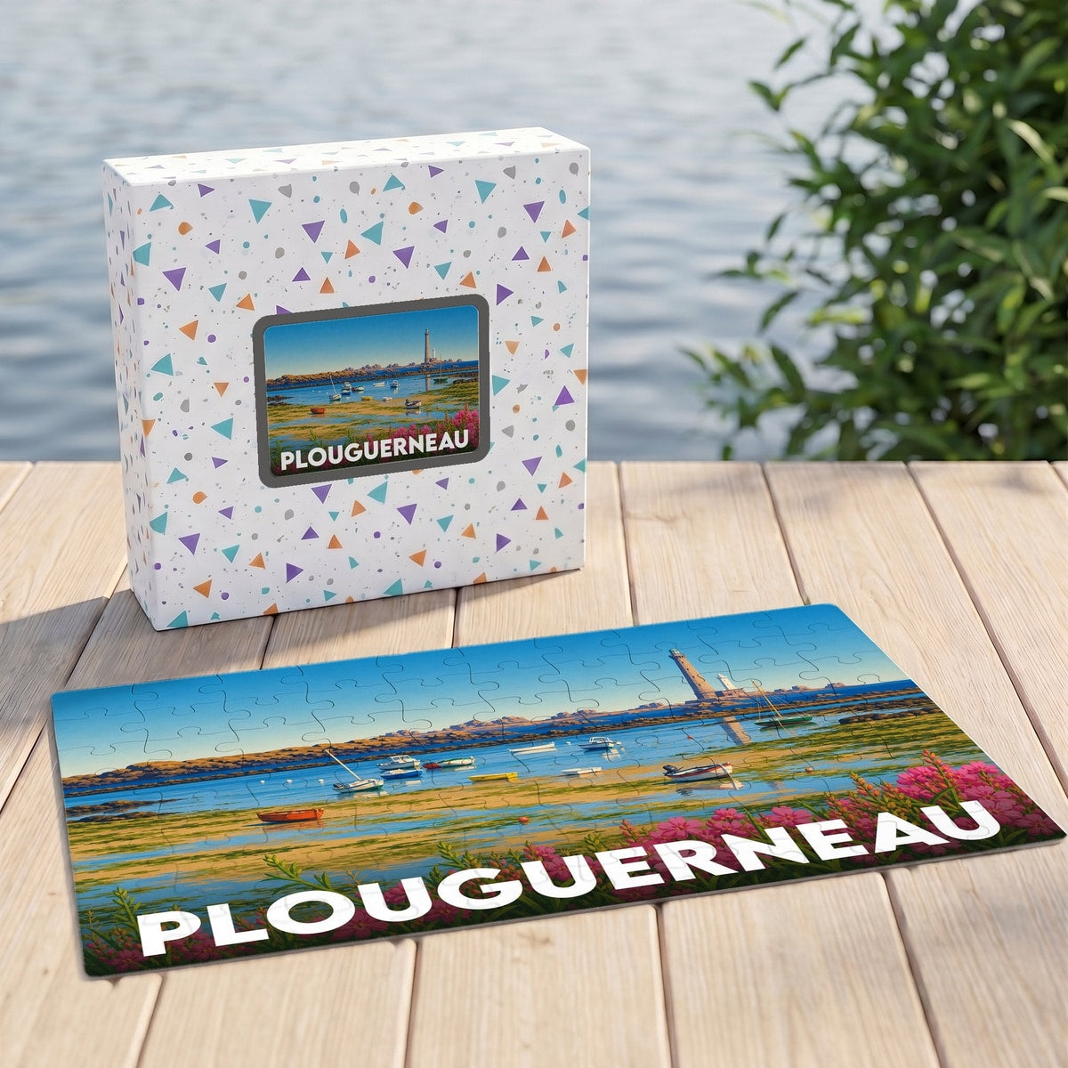 Puzzle souvenir de la ville de Plouguerneau illustrant son littoral et son phare avec un lettrage moderne.