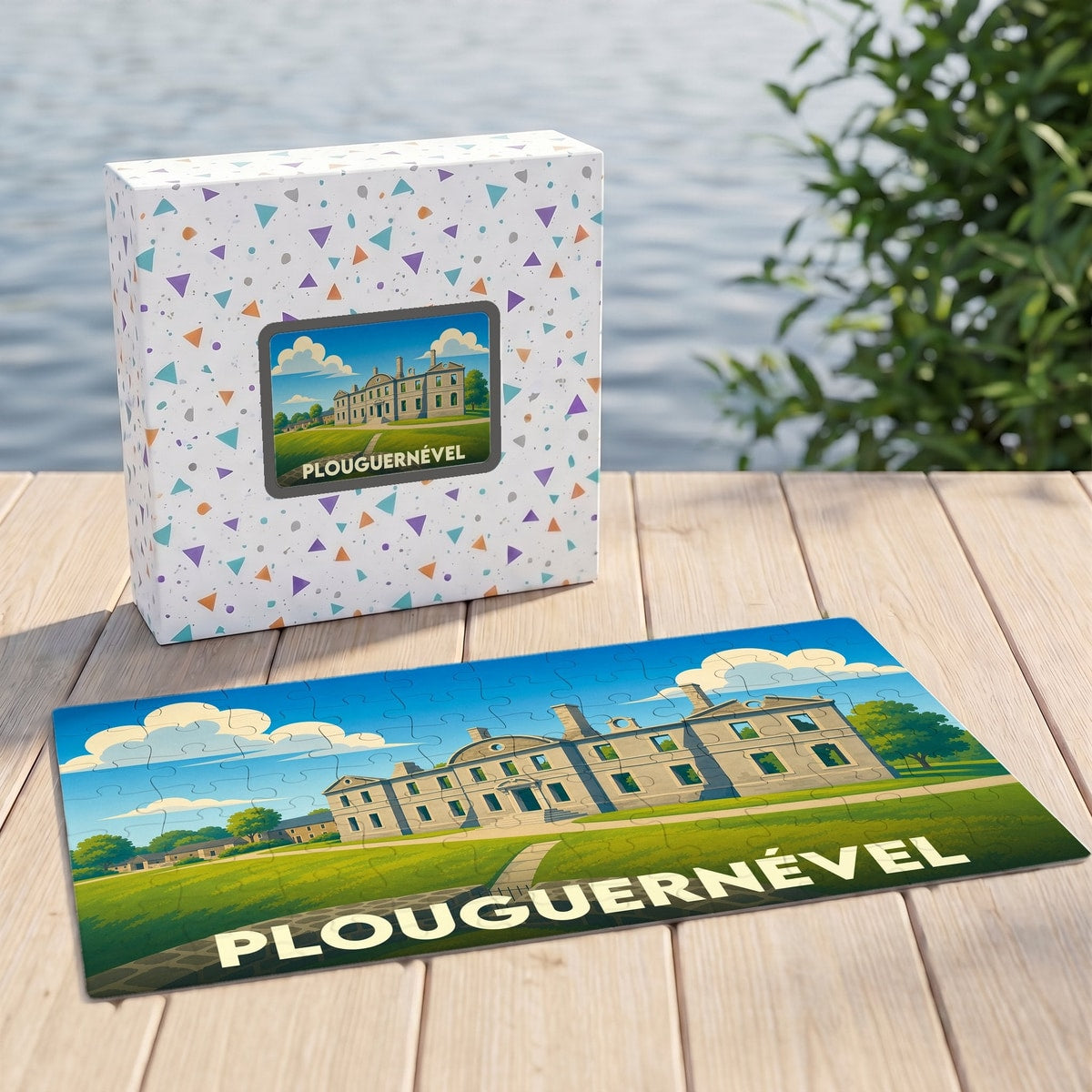 Puzzle souvenir de la ville de Plouguernével avec une illustration stylisée d'un manoir.