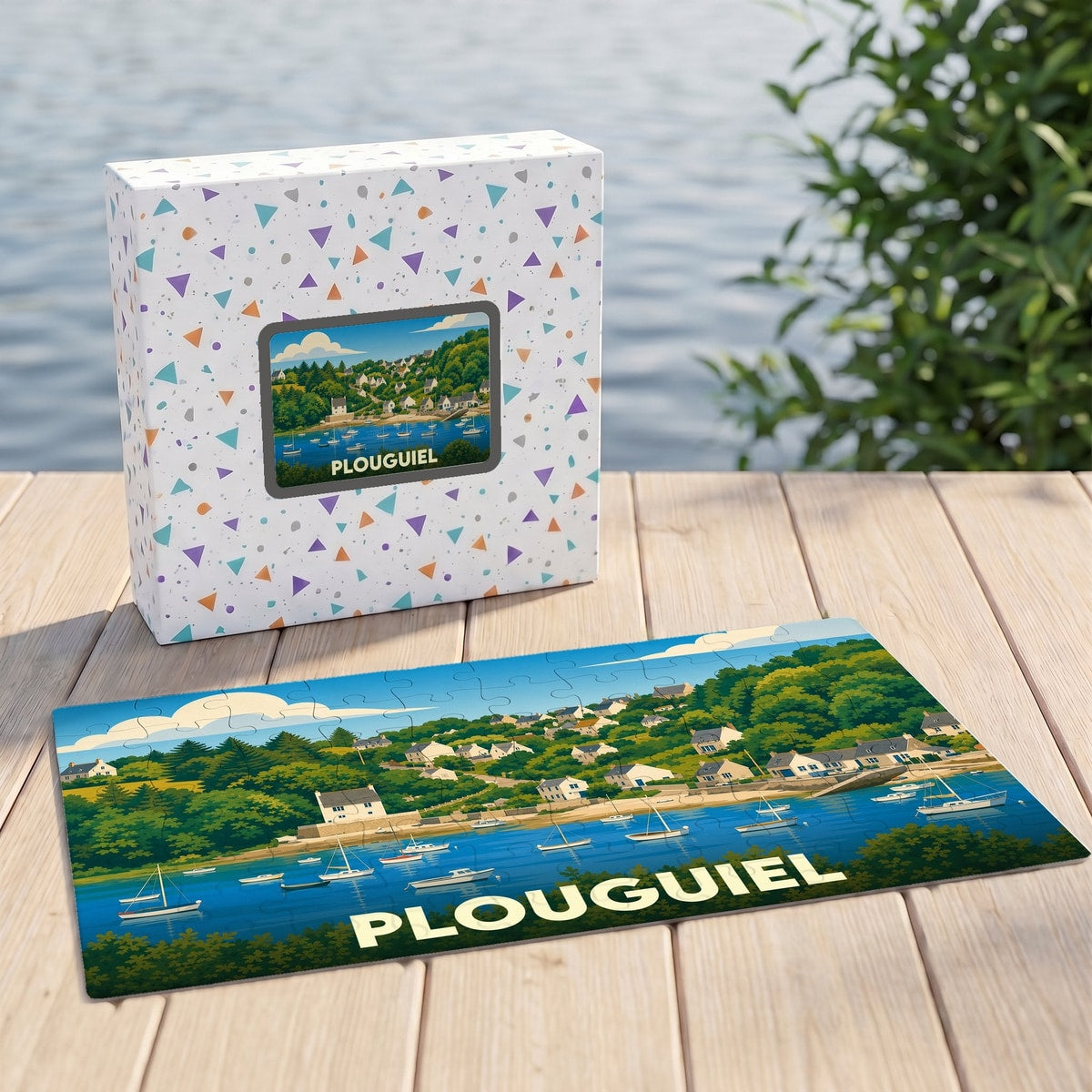 Puzzle souvenir de la ville de Plouguiel avec une illustration stylisée de son paysage côtier.