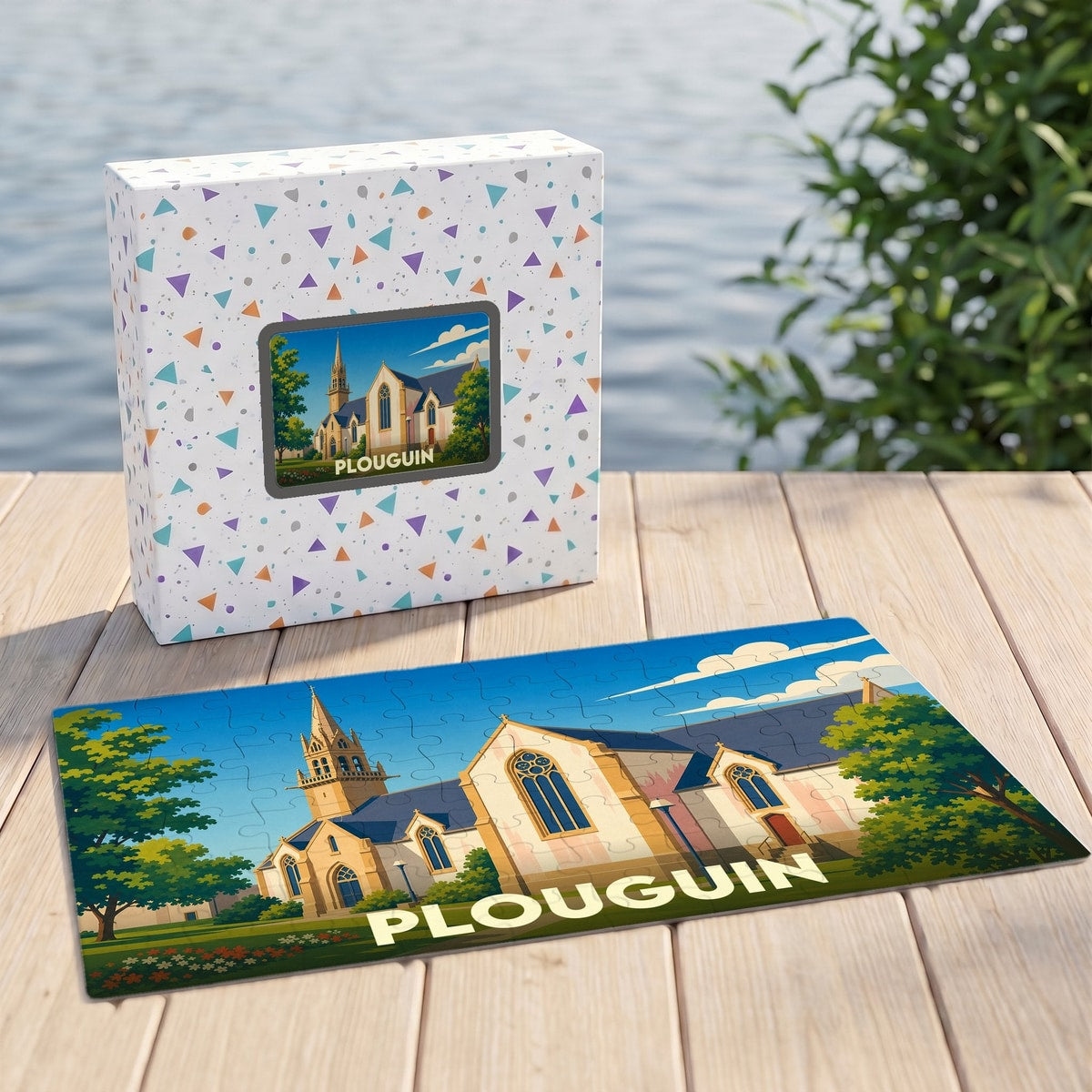 Puzzle souvenir de la ville de Plouguin avec une illustration stylisée d'une église sur sa boîte assortie.