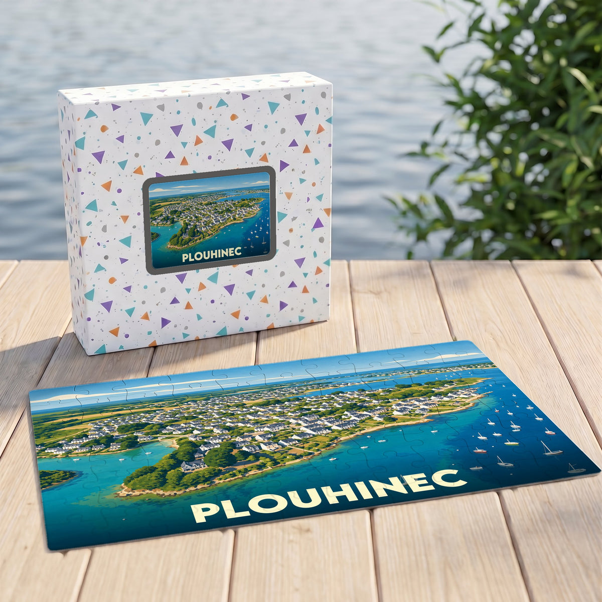 Puzzle souvenir de la ville de Plouhinec avec une illustration stylisée d'un paysage côtier.