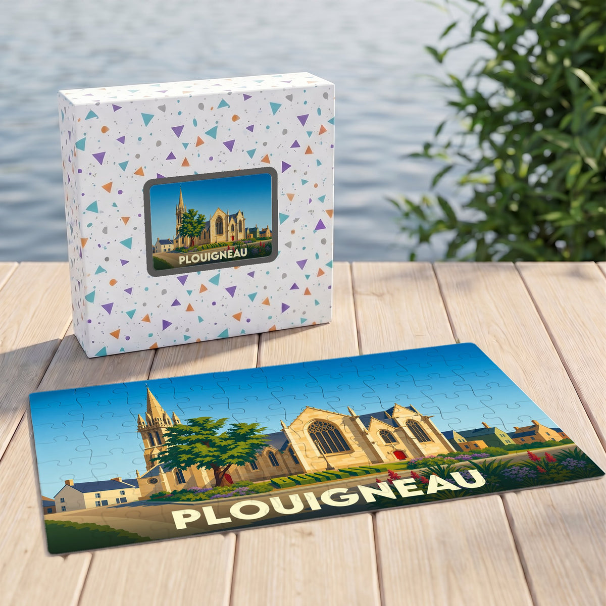 Puzzle souvenir de la ville de Plouigneau représentant son église sous forme d'illustration colorée.