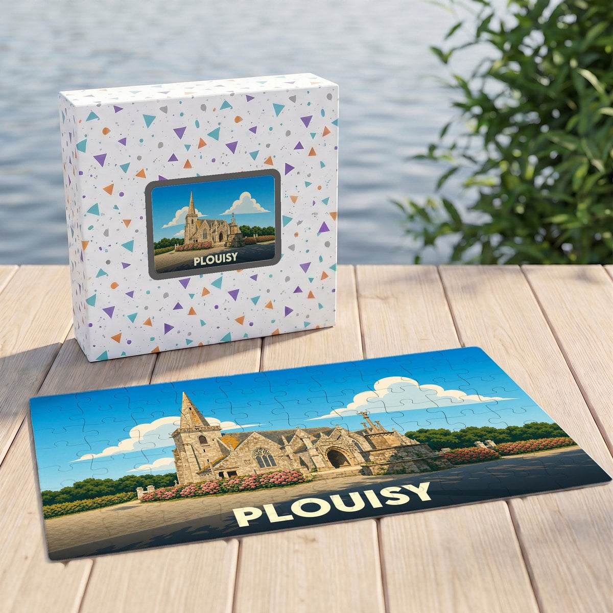 Puzzle souvenir de la ville de Plouisy avec une illustration stylisée d'une église ancienne.