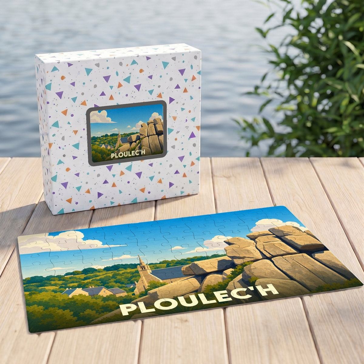 Puzzle souvenir de la ville de Ploulec'h avec une illustration stylisée de son paysage et de ses rochers.