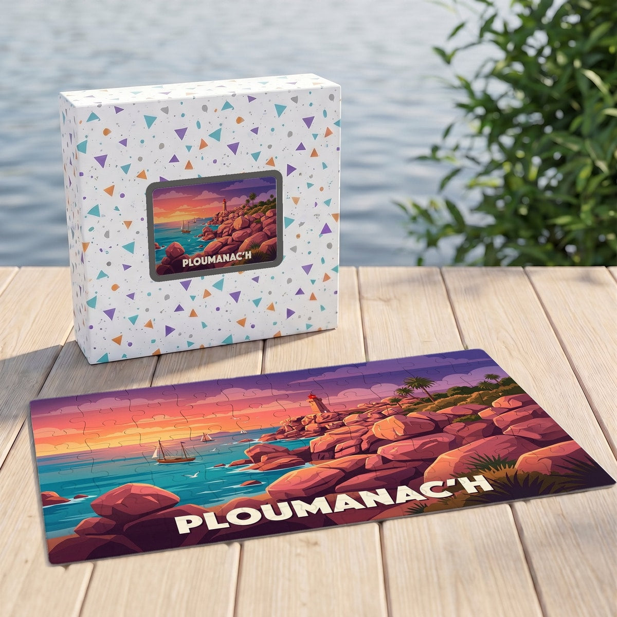 Puzzle souvenir de la ville de Ploumanac'h avec une illustration stylisée d'un paysage côtier au coucher du soleil.
