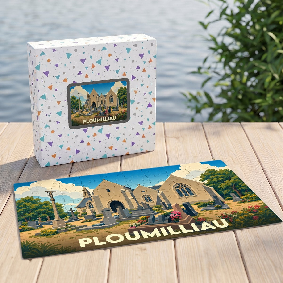 Puzzle souvenir de la ville de Ploumilliau illustré par une vue stylisée de son église et de son cimetière.
