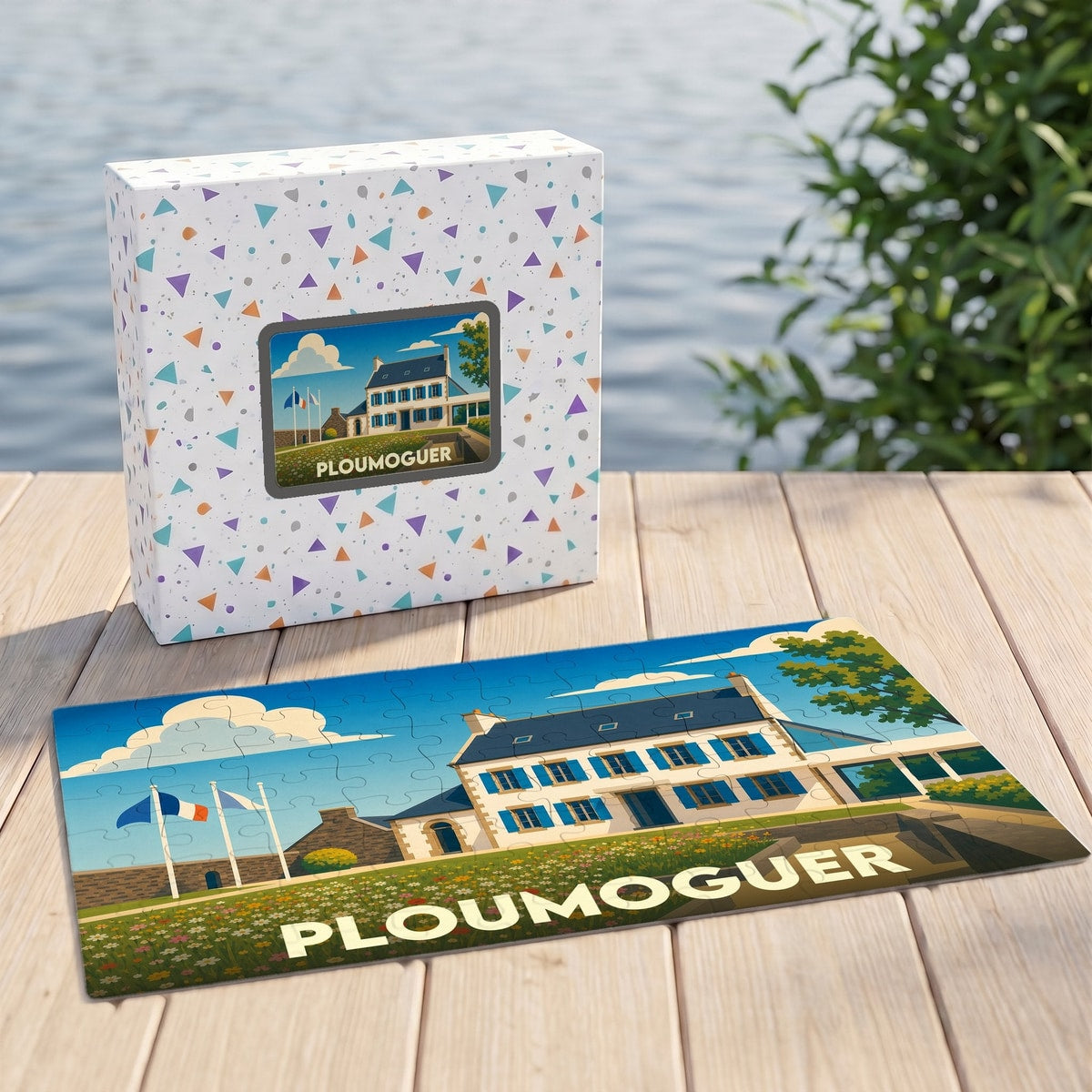 Puzzle souvenir de la ville de Ploumoguer illustrant une maison bretonne traditionnelle devant un champ de fleurs.