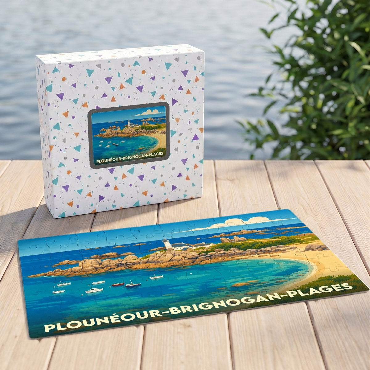 Puzzle souvenir de Plounéour-Brignogan-Plages avec une illustration stylisée de son littoral et de son phare.