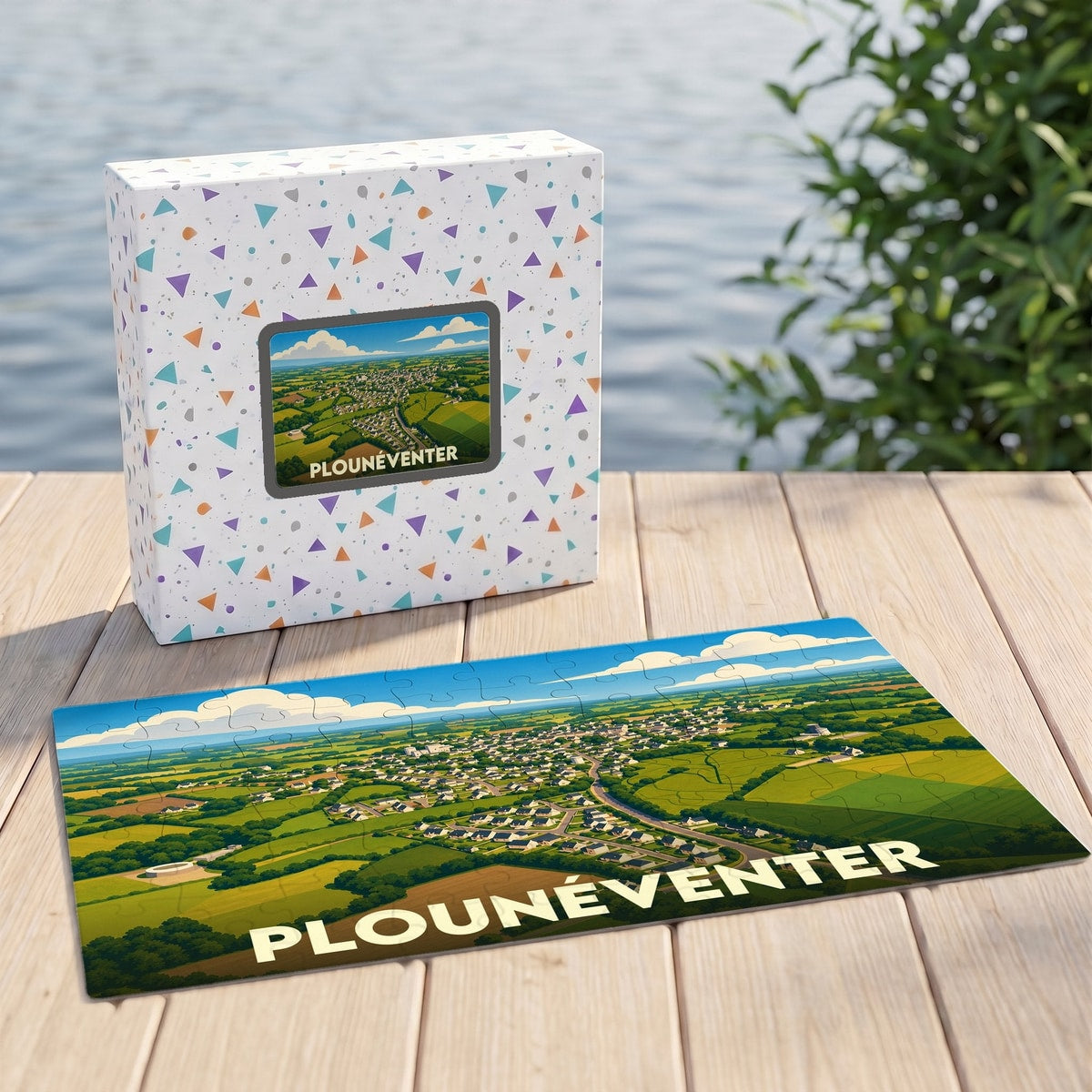 Puzzle souvenir de la ville de Plounéventer illustré par une vue aérienne stylisée de la commune et de ses paysages verdoyants.