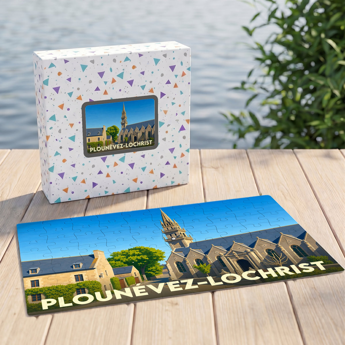 Puzzle souvenir de la ville de Plounévez-Lochrist avec son illustration et sa boîte assortie.