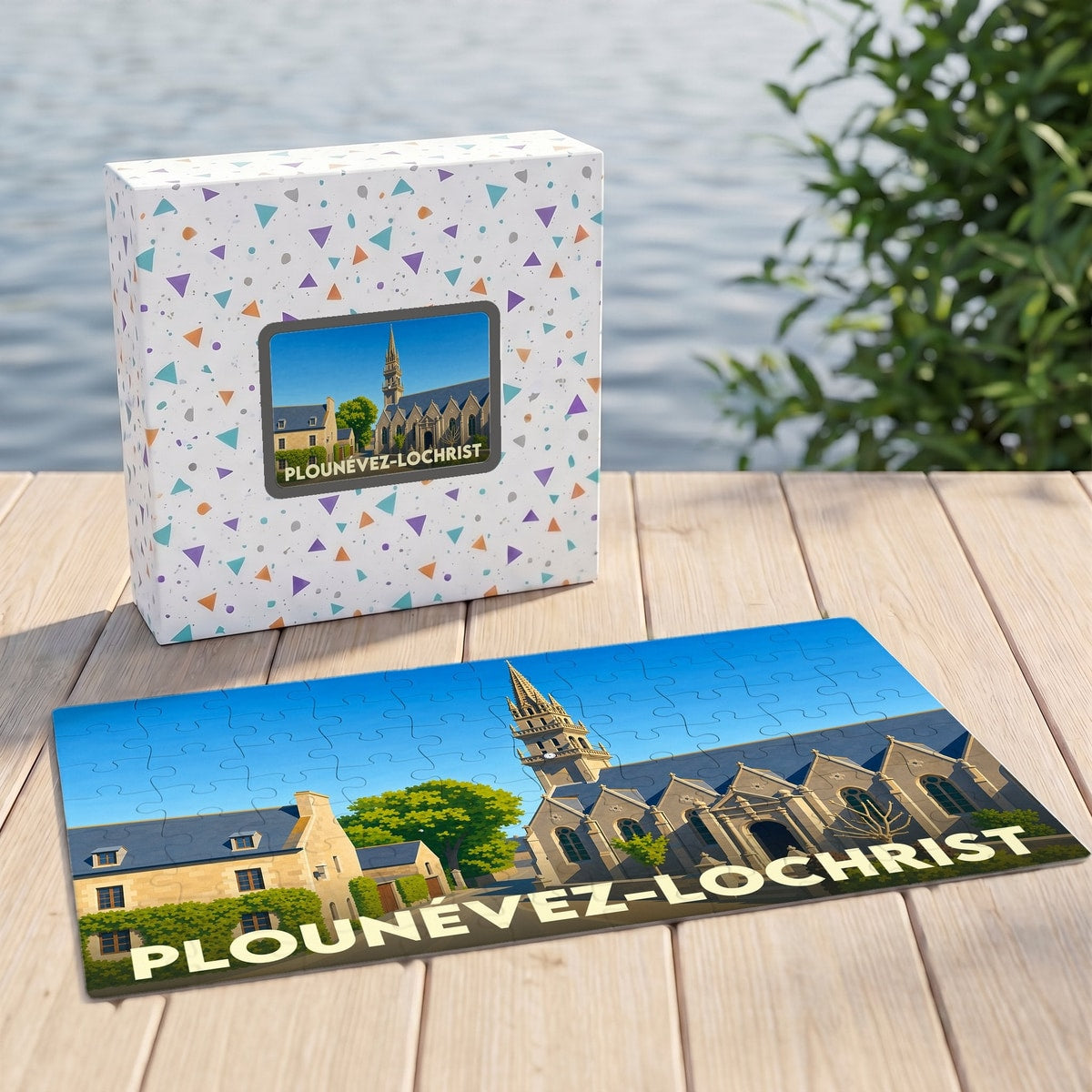 Puzzle souvenir de la ville de Plounévez-Lochrist avec son illustration et sa boîte assortie.
