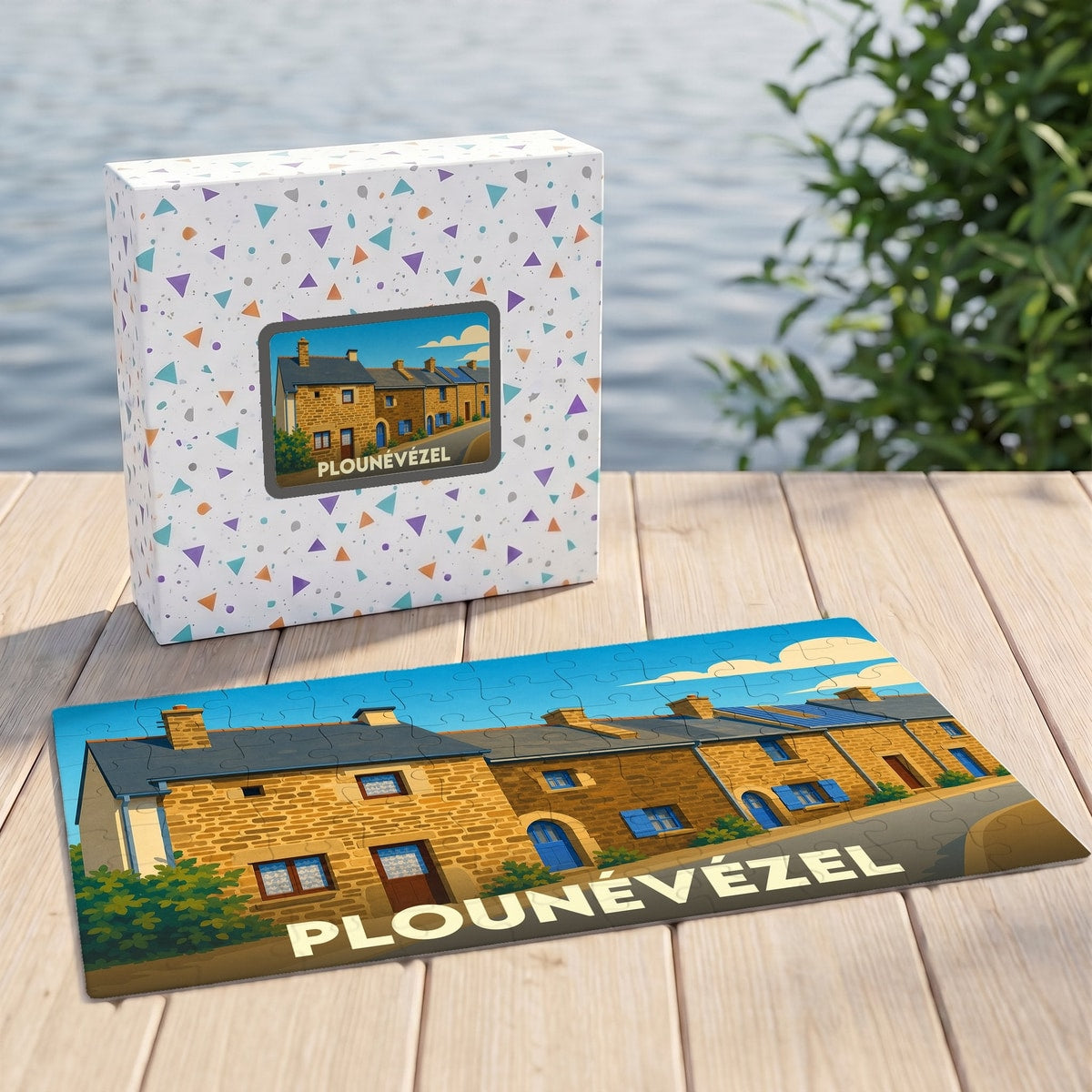 Puzzle souvenir de la ville de Plounévézel avec une illustration stylisée de maisons bretonnes en pierre.