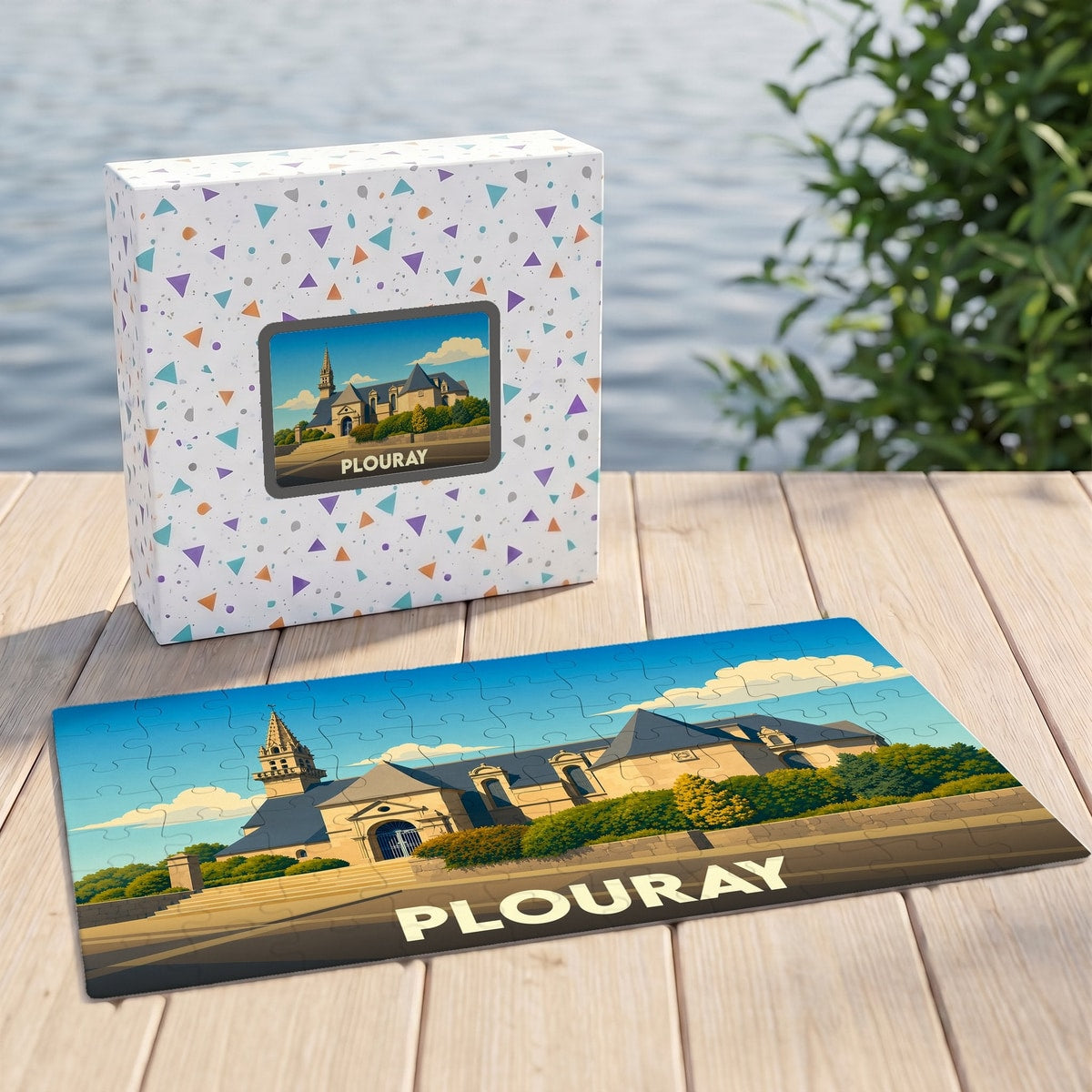Puzzle souvenir de la ville de Plouray avec une illustration stylisée.