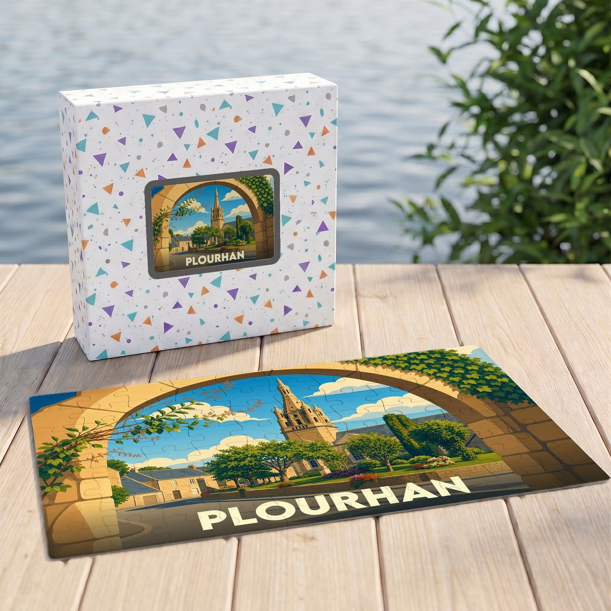 Puzzle souvenir de la ville de Plourhan avec une illustration stylisée d'un clocher encadré par une arche en pierre.