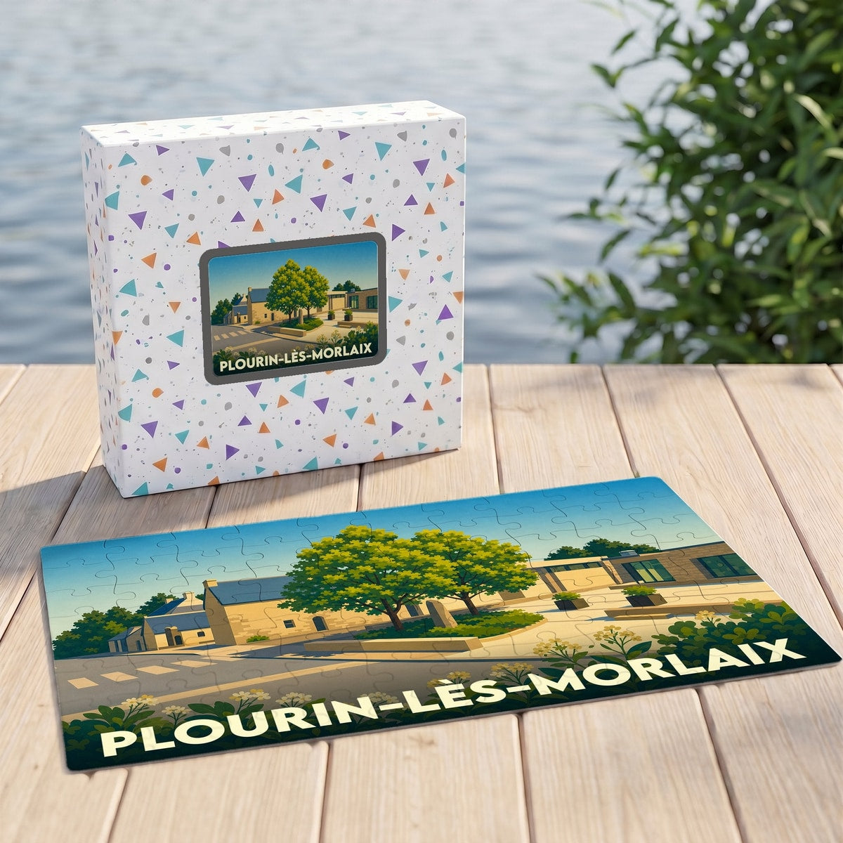 Puzzle souvenir de la ville de Plourin-lès-Morlaix avec une illustration stylisée.