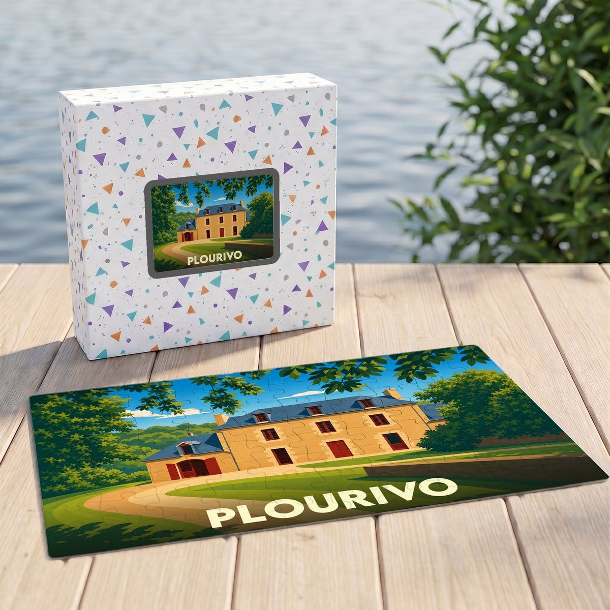Puzzle souvenir de la ville de Plourivo avec une illustration stylisée d'un manoir breton.