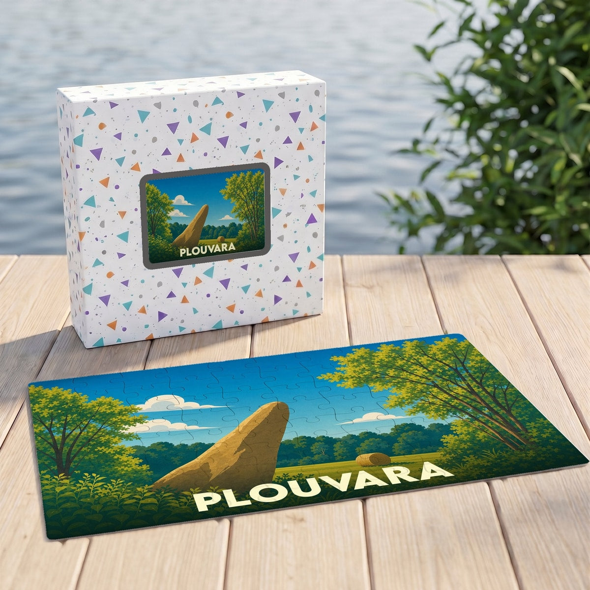 Puzzle souvenir de la ville de Plouvara avec une illustration stylisée d'un menhir dans la campagne.