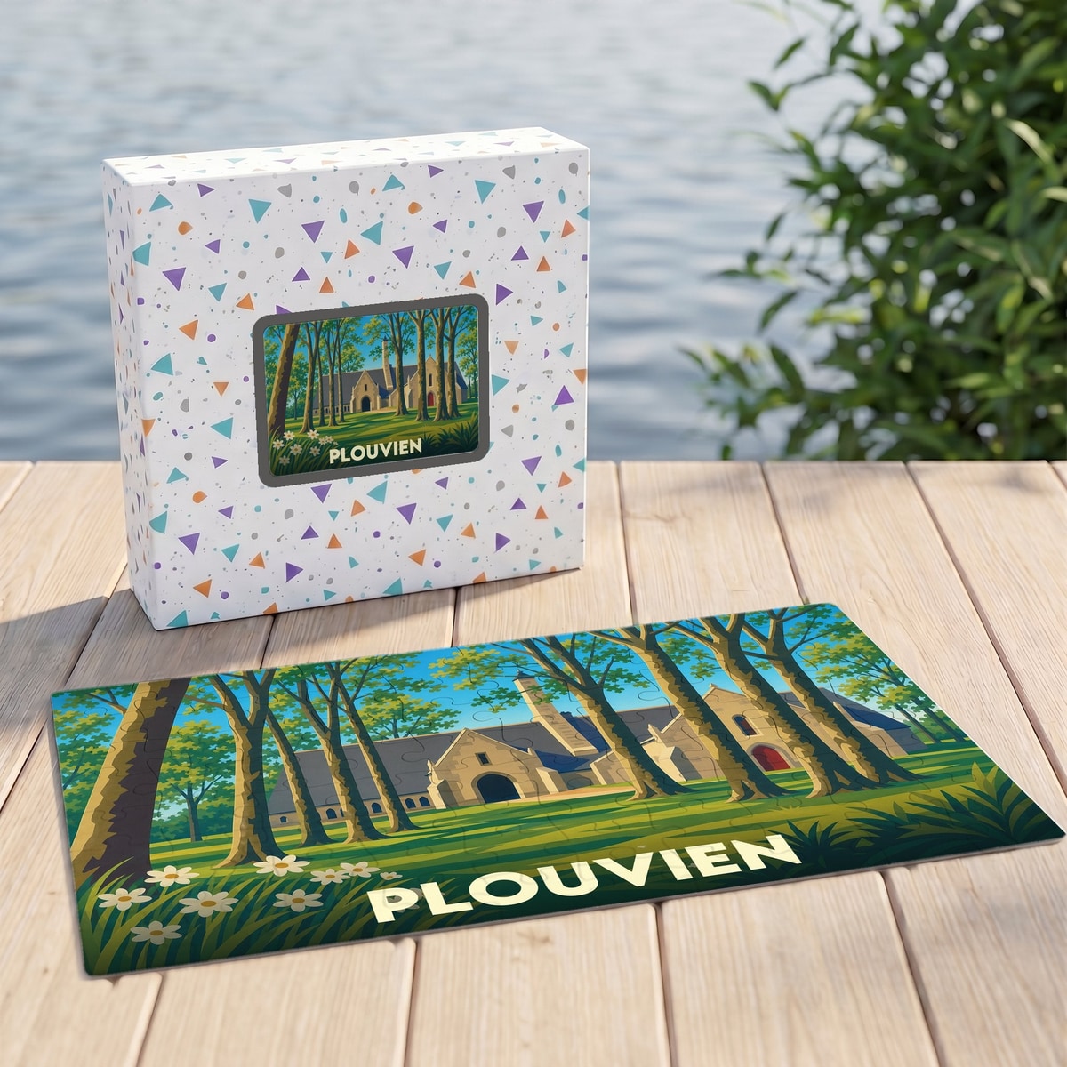 Puzzle souvenir de la ville de Plouvien présentant une illustration stylisée d'un manoir entouré de grands arbres.