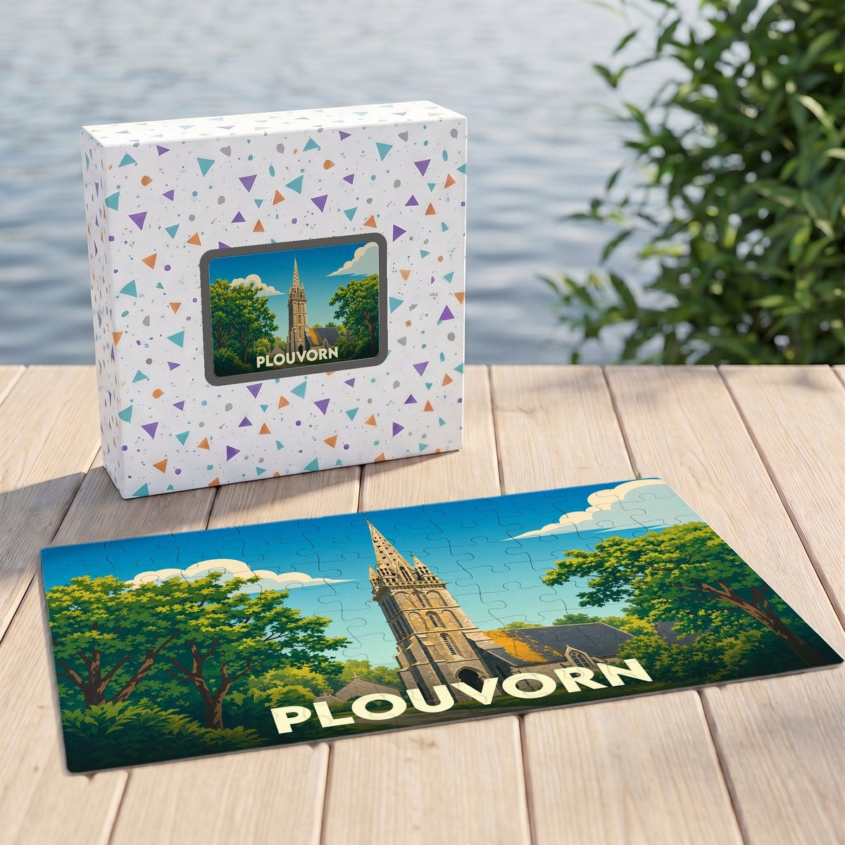 Puzzle souvenir de la ville de Plouvorn avec une illustration stylisée de son église entourée de verdure.