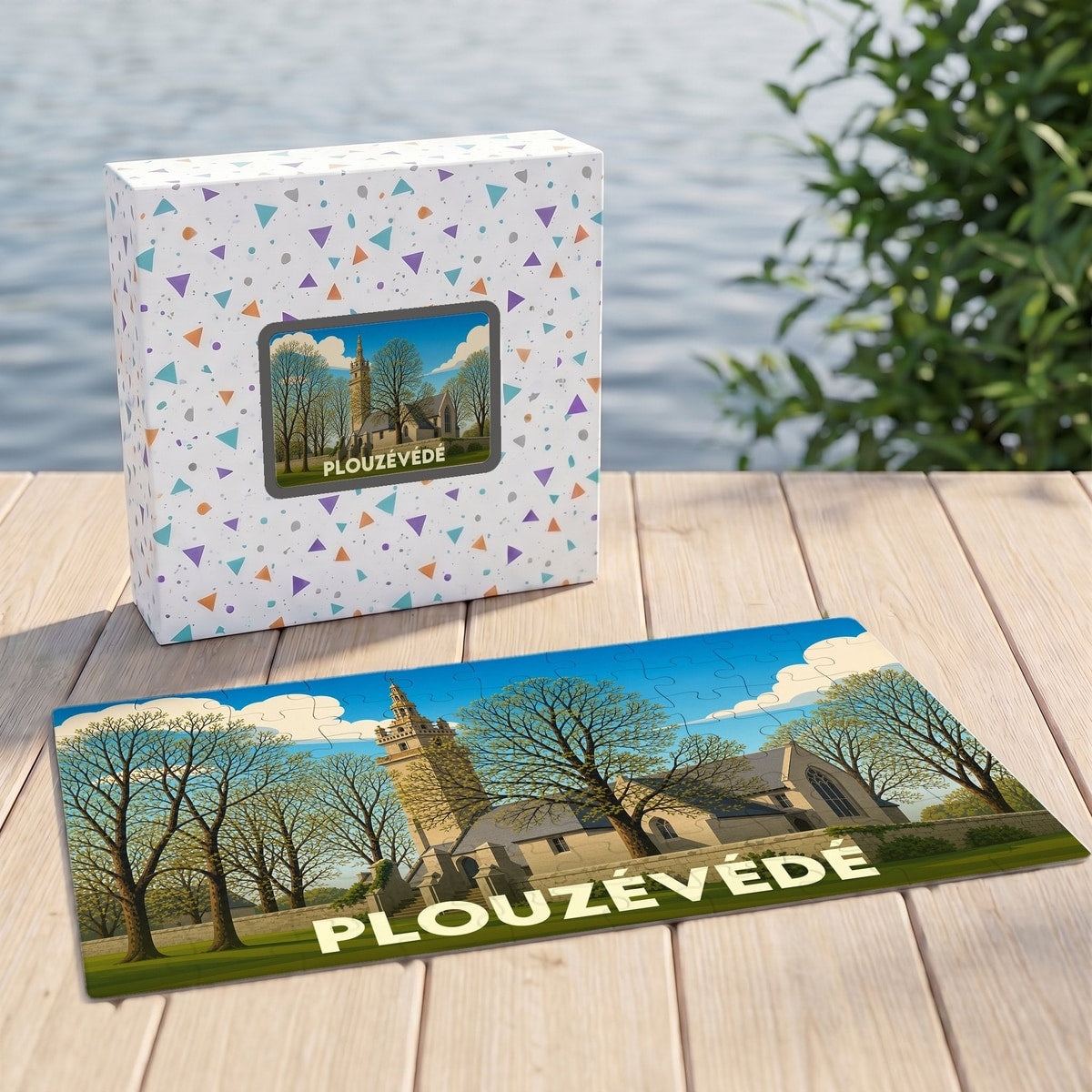 Puzzle souvenir de la ville de Plouzévédé illustré d'une église de style breton.