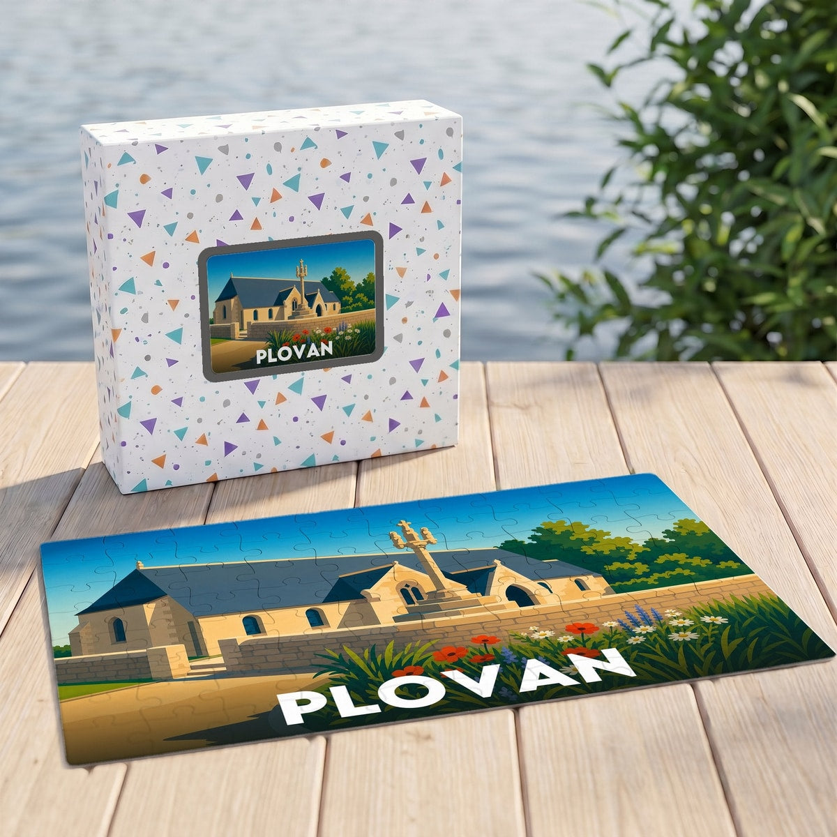 Puzzle souvenir de la ville de Plovan avec une illustration stylisée.