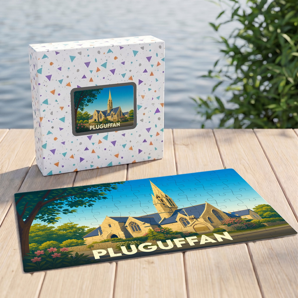 Puzzle souvenir de la ville de Pluguffan avec une illustration stylisée de son église.