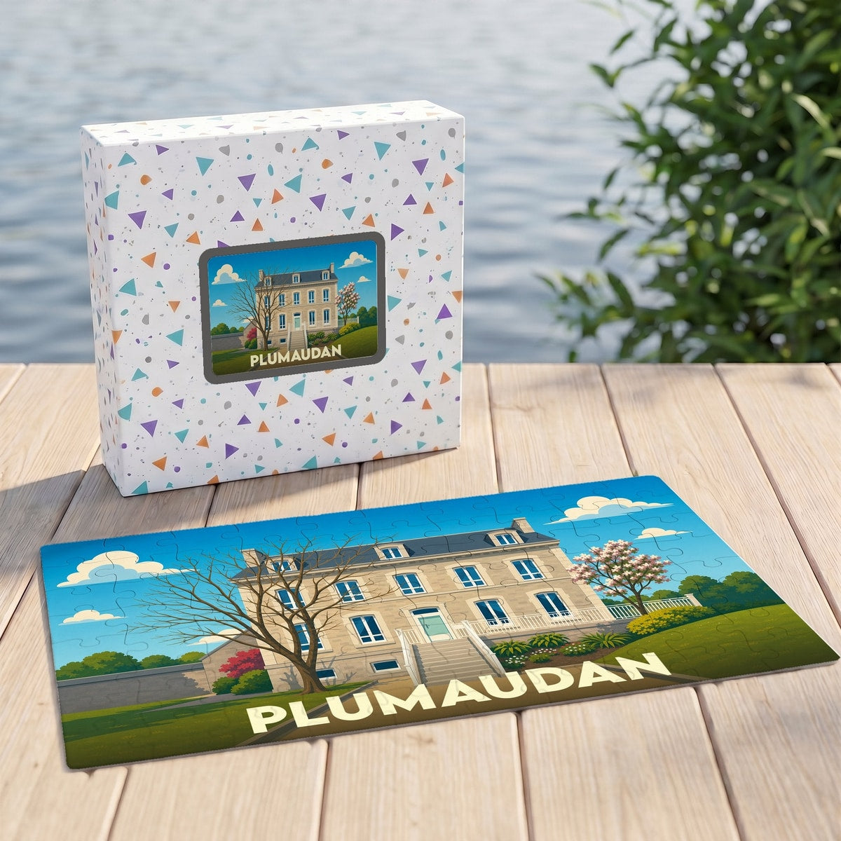 Puzzle souvenir de la ville de Plumaudan avec une illustration stylisée d'une demeure bourgeoise.