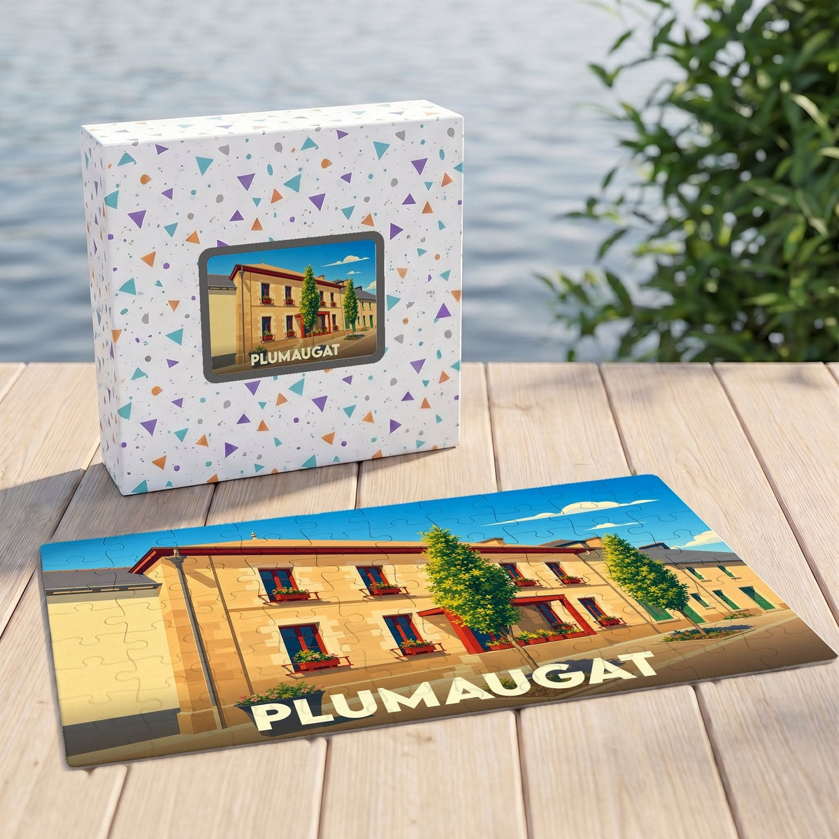 Puzzle souvenir de la ville de Plumaugat avec une illustration stylisée d'un bâtiment typique.