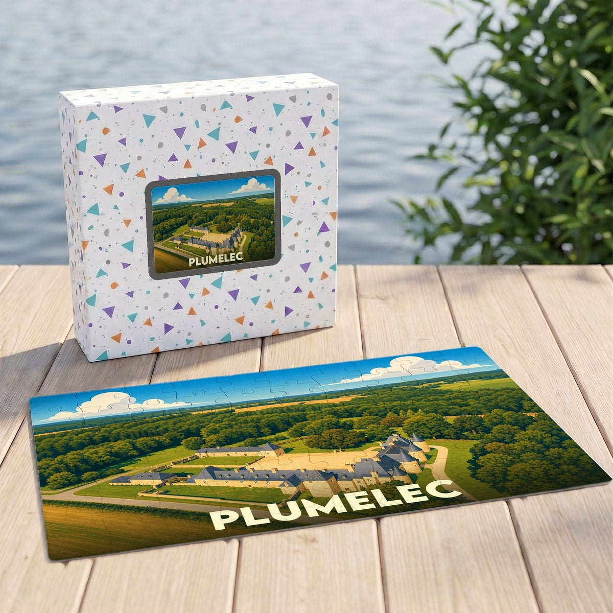 Puzzle souvenir de la ville de Plumelec avec une vue aérienne illustrée du château de la ville.