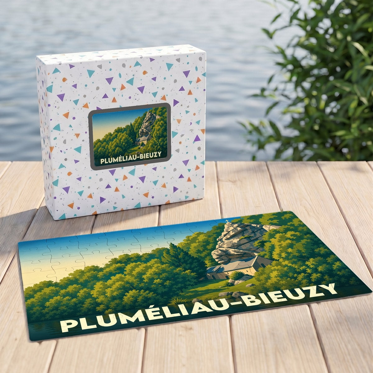 Puzzle souvenir de la ville de Pluméliau-Bieuzy avec une illustration stylisée de la chapelle Saint-Gildas nichée sous son rocher.