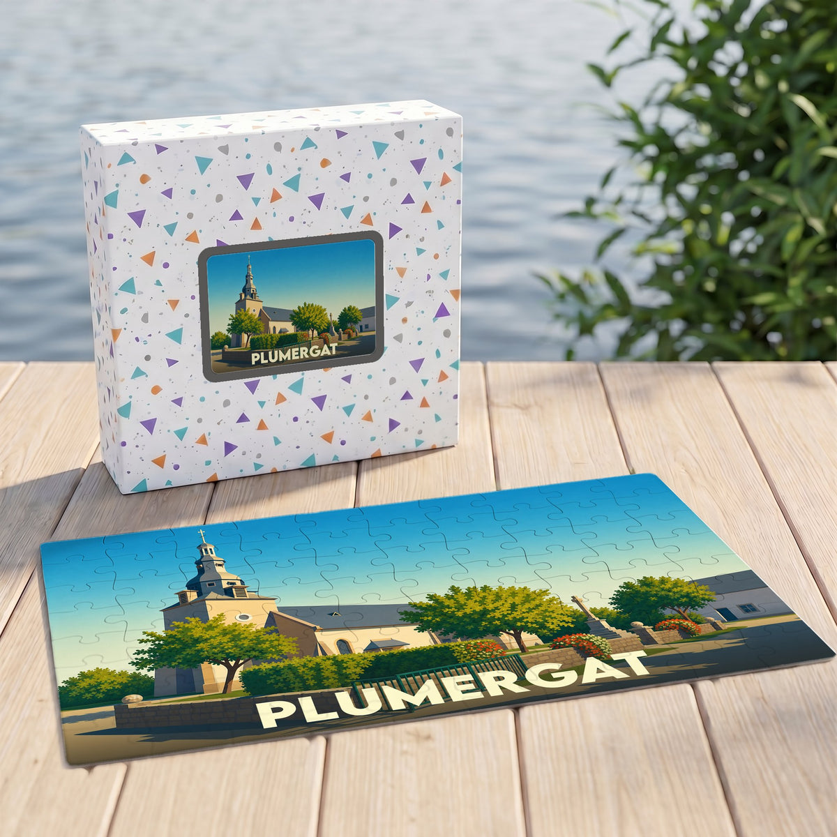 Puzzle souvenir de la ville de Plumergat avec une illustration stylisée de son église.