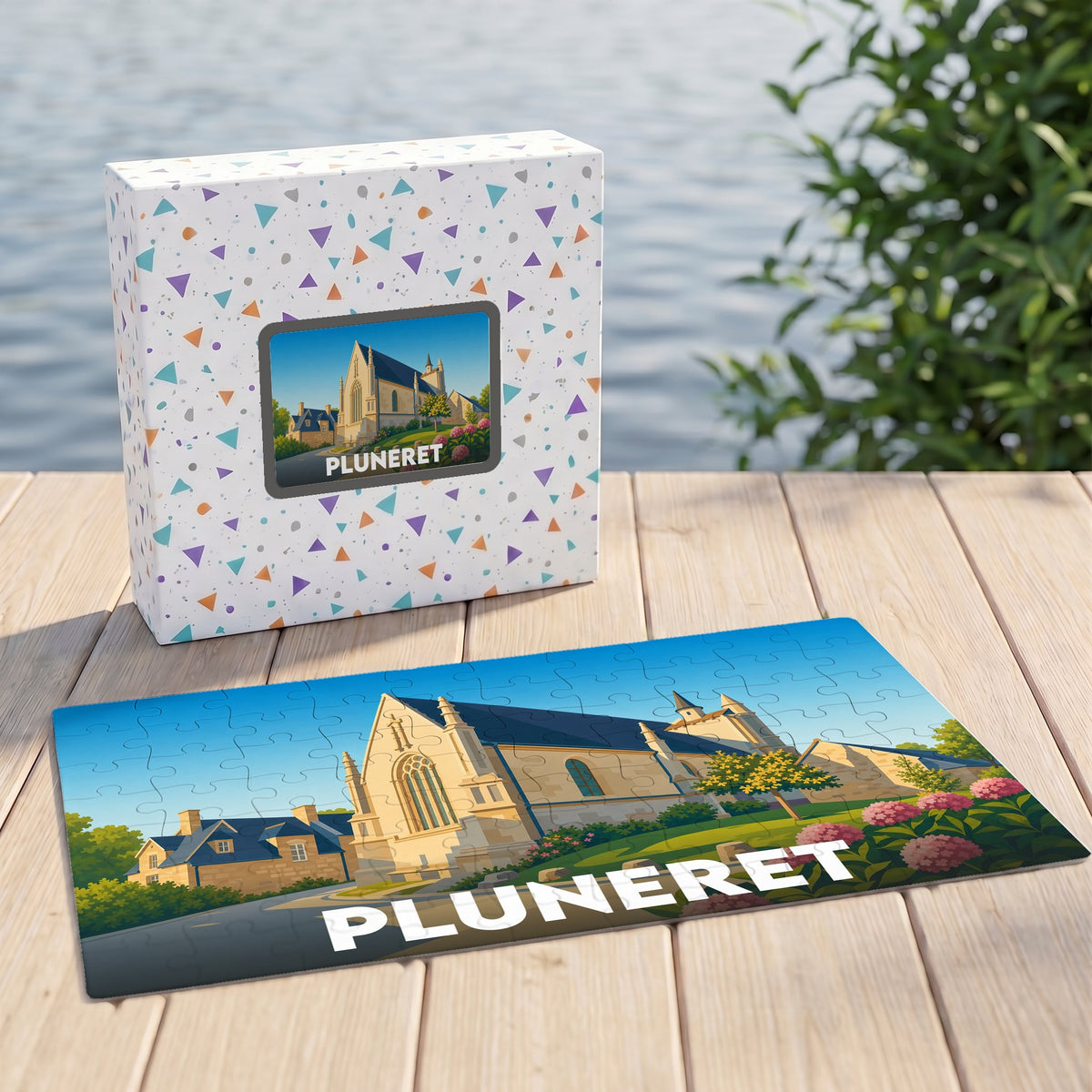 Puzzle souvenir de la ville de Pluneret avec une illustration stylisée d'un monument historique.