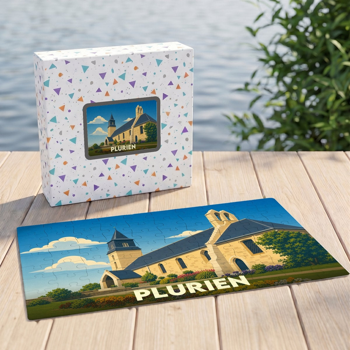 Puzzle souvenir de la ville de Plurien avec une illustration stylisée d'une église bretonne.