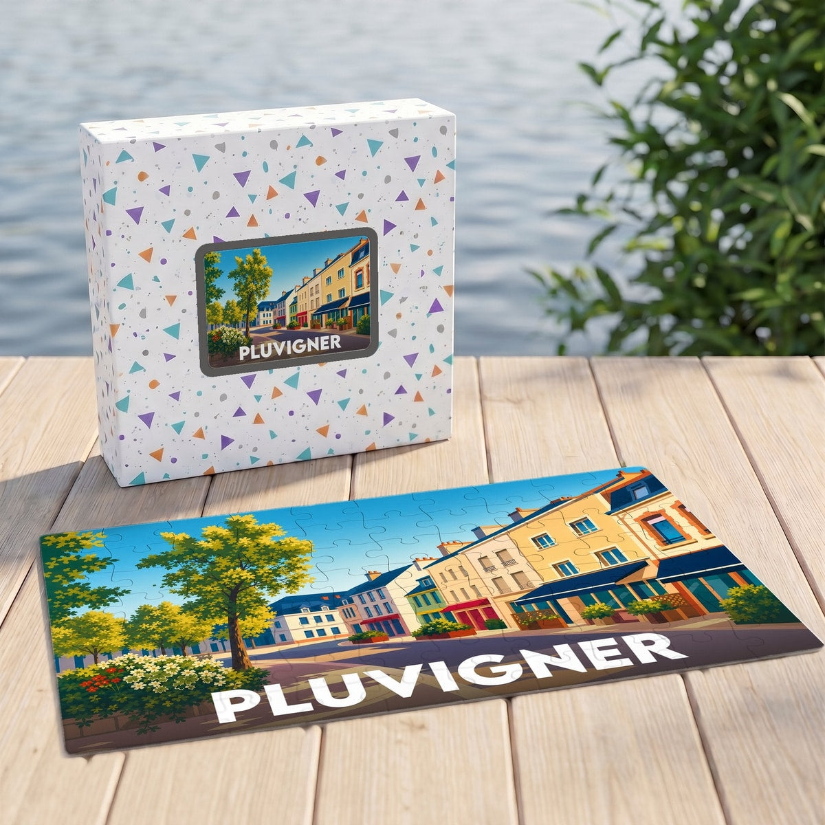 Puzzle souvenir de la ville de Pluvigner avec une illustration stylisée et colorée.