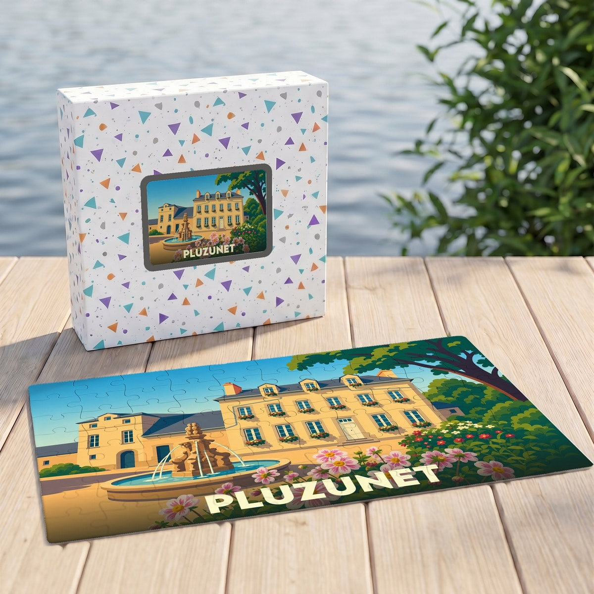 Puzzle souvenir de la ville de Pluzunet avec une illustration colorée d'un manoir et de sa fontaine.