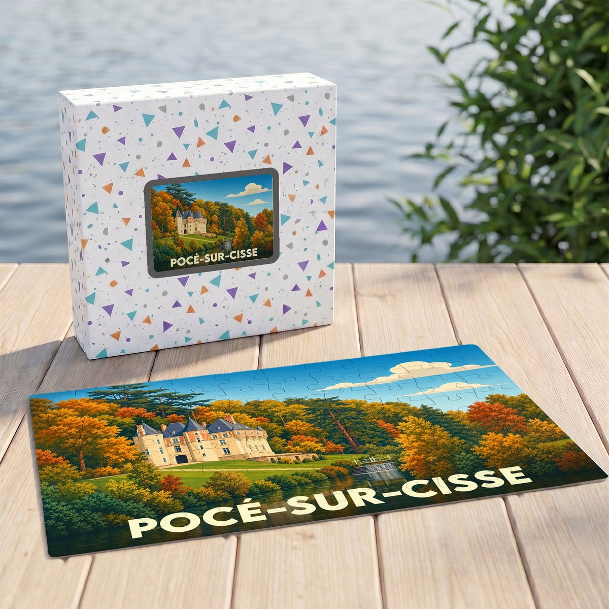 Puzzle souvenir de la ville de Pocé-sur-Cisse avec une illustration stylisée d'un château en automne.