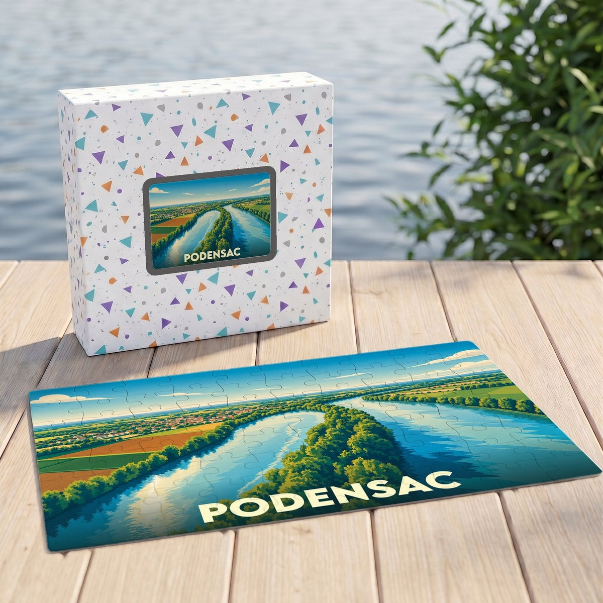 Puzzle souvenir de la ville de Podensac représentant une vue aérienne stylisée de la Garonne.