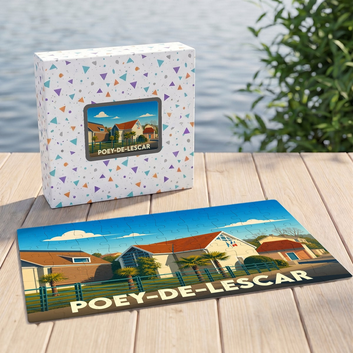 Puzzle souvenir de la ville de Poey-de-Lescar avec une illustration stylisée et colorée.
