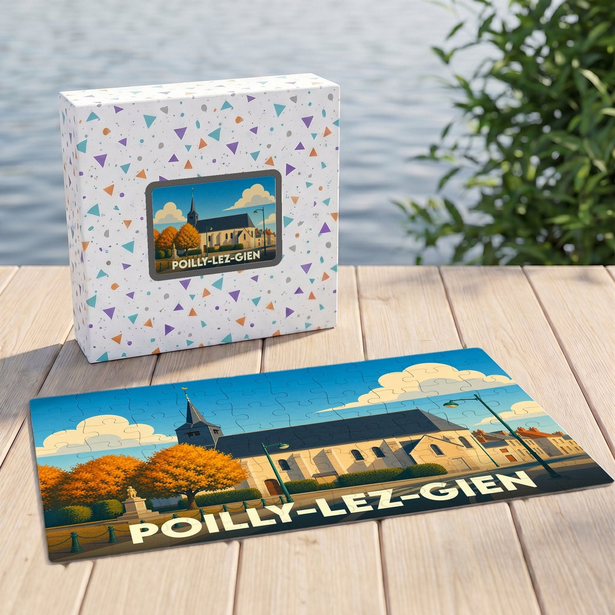 Puzzle souvenir de la ville de Poilly-lez-Gien avec une illustration stylisée d'une église sous un ciel azur.